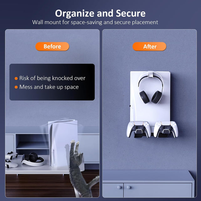 Nexigo PS5 Wall Mount Kit with Charging Station, Dual Controller Chargers, Steel Wall Stand, and Headphone Hanger - Compatible with Playstation 5 (Disc & Digital)