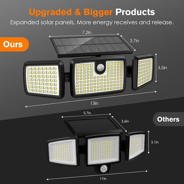 Solar Lights Outdoor, 3 Head Solar Motion Lights Outdoor with 2500LM 232 Leds High Brightness, Built-In Bigger Tempered Glass Solar Panel, Sensitive PIR Motion Inductor(2-Pack)