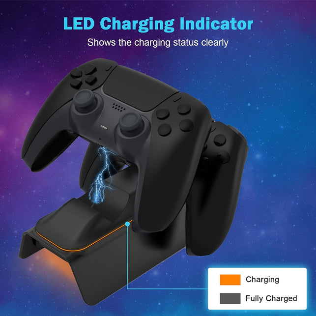 Nexigo Enhanced PS5 Controller Charger with Thumb Grip Kit, Fast Charging AC Adapter, Dualsense Charging Station Dock for Dual Playstation 5 Controllers with LED Indicator, Black