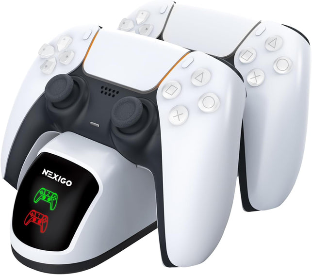Nexigo Enhanced PS5 Controller Charger, Dual Charing Station with LED Indicator, High Speed, Fast Charging Dock for Playstation 5 Dualsense Controller, White