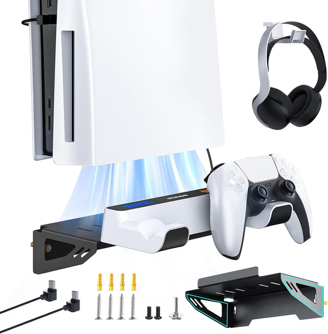 Nexigo PS5 Wall Mount Kit with Charging Station, Dual Controller Chargers, Steel Wall Stand, and Headphone Hanger - Compatible with Playstation 5 (Disc & Digital)