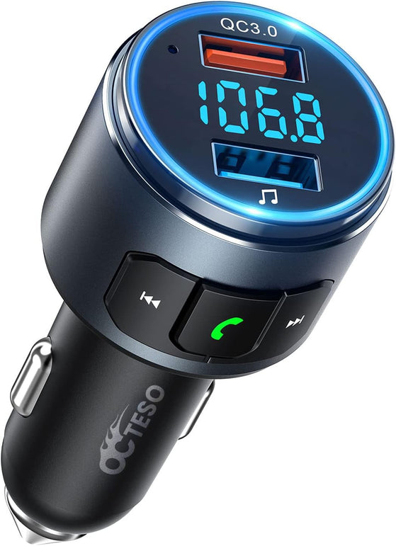 Octeso Upgraded V5.0 FM Bluetooth Transmitter Car, QC3.0 & LED Backlit Wireless Bluetooth FM Radio Adapter Music Player/Car Kit with Hands-Free Calls, Siri Google Assistant