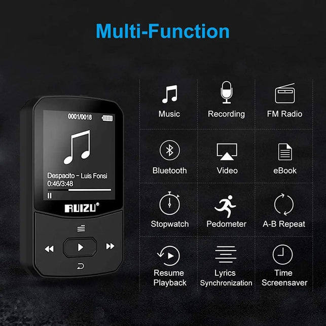 RUIZU X52 Sport Bluetooth MP3 Player Portable Clip Mini Music Walkman with Screen Support Fm,Recording,Clock,Pedometer Radio