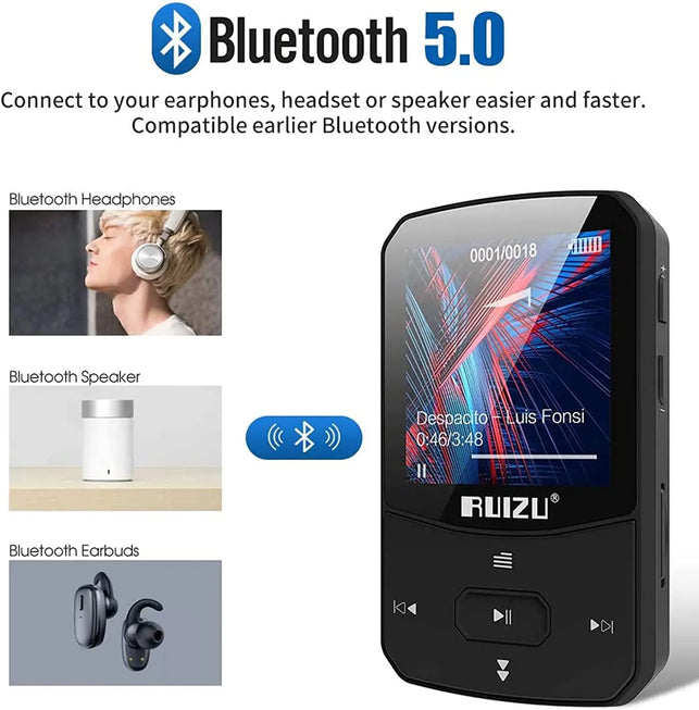 RUIZU X52 Sport Bluetooth MP3 Player Portable Clip Mini Music Walkman with Screen Support Fm,Recording,Clock,Pedometer Radio