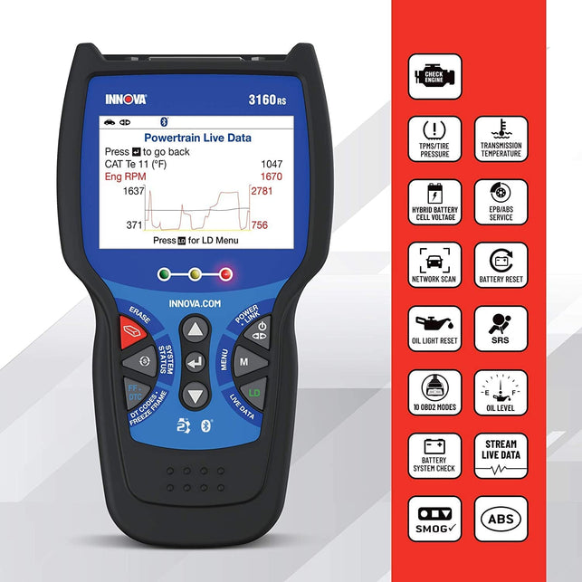 INNOVA 3160RS OBD2 Scanner, ABS Brake Bleeder, ABS SRS Engine Transmission Diagnoses, Airbag Light Reset, Car Battery Tester & Alternator Tester, Battery Reset, Fix & Parts Recommendations