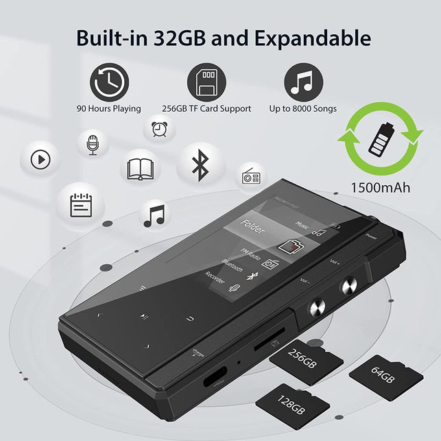 32GB MP3 Player with Bluetooth 5.0, Phinistec Z6 Portable Music Player with HD Speaker, Super Battery Life Digital Audio Player with FM Radio, E-Book, Voice-Recorder Player Supports up to 256GB