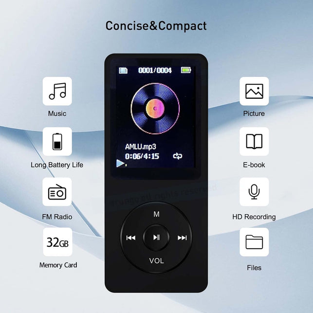 Arungo MP3 Player 32GB with Speaker FM Radio Earphone Portable Hifi Lossless Sound MP3 Mini Music Player Voice Recorder E-Book HD Screen 1.8 Inch Black Support up to 128GB