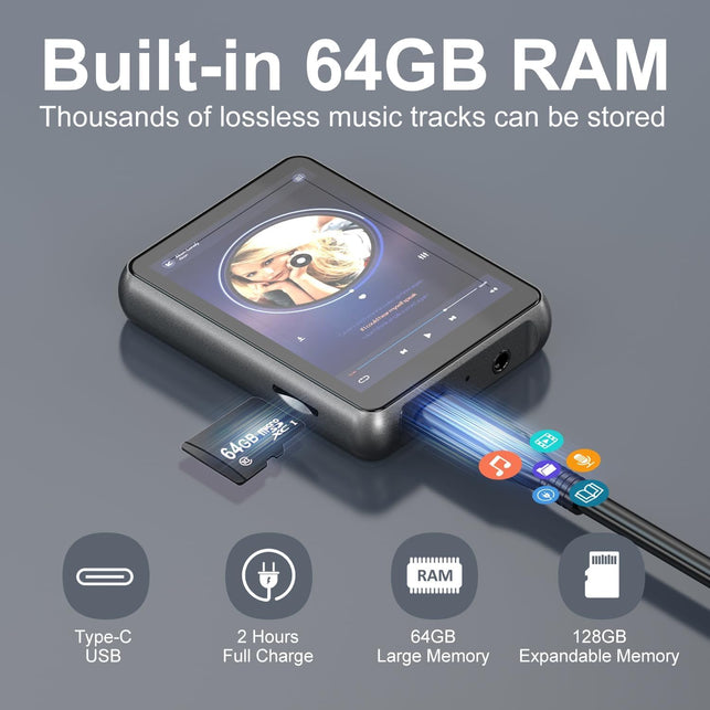 64GB MP3 Player Bluetooth 5.3 Touch Screen Music Player Portable Mp4 Player with Speakers High Fidelity Lossless Sound Quality 2.4 Inch Mp3 FM Radio Recording E-Book
