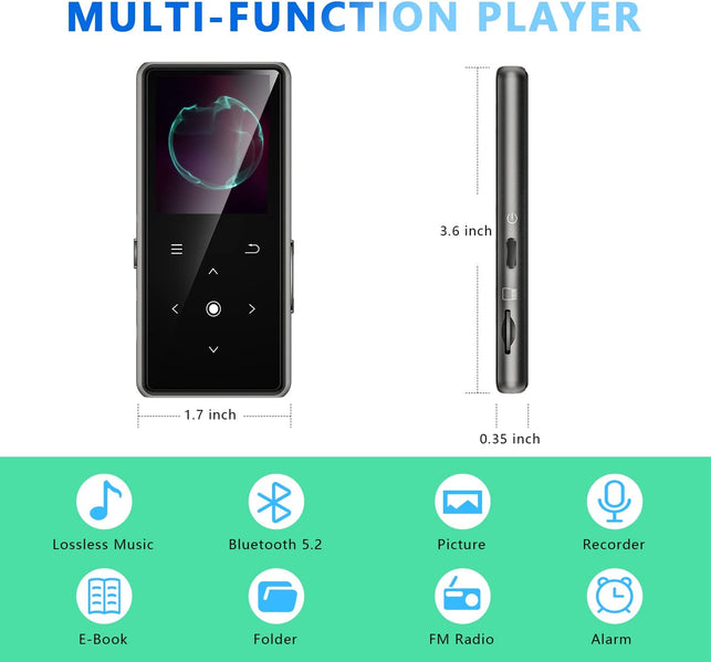 128GB MP3 Player with Bluetooth 5.2, Aimoonsa Music Player with Built-In HD Speaker, FM Radio, Voice Recorder, Hifi Sound, E-Book Function, Earphones Included (Black 128G)