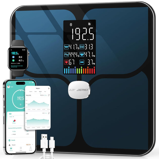 Body Fat Scale, ABLEGRID Digital Smart Bathroom Scale for Body Weight, Large LCD Display Screen, 16 Body Composition Metrics BMI, Water Weigh, Heart Rate, Baby Mode, 400Lb, Rechargeable