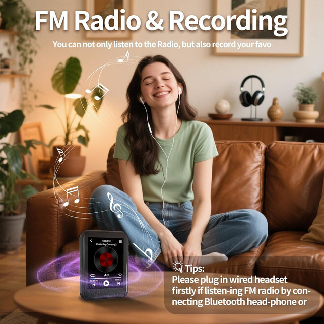 MP3 Player with Bluetooth 5.4,Kids Portable Music Player with Speaker,Fm Radio,Voice Recorder,Touchscreen MP3 Player with Earphones,Built-In Micro SD Card Slot,Supports up to 512GB Expand