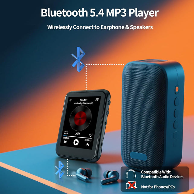 MP3 Player with Bluetooth 5.4,Kids Portable Music Player with Speaker,Fm Radio,Voice Recorder,Touchscreen MP3 Player with Earphones,Built-In Micro SD Card Slot,Supports up to 512GB Expand