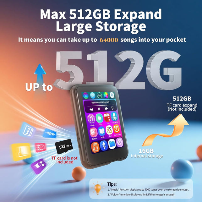 MP3 Player with Bluetooth 5.4,Kids Portable Music Player with Speaker,Fm Radio,Voice Recorder,Touchscreen MP3 Player with Earphones,Built-In Micro SD Card Slot,Supports up to 512GB Expand