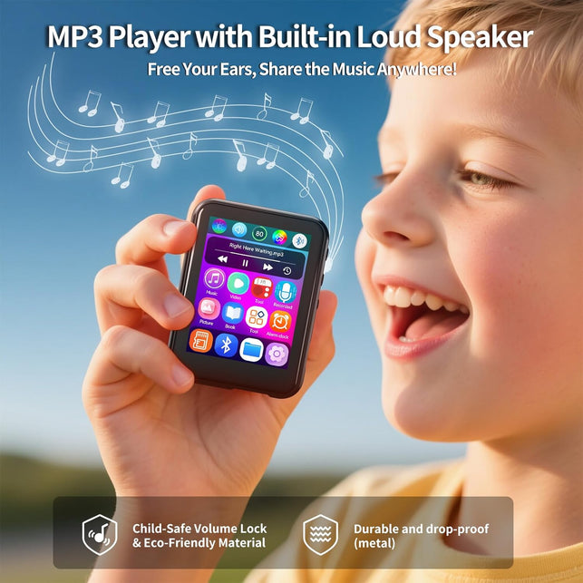 MP3 Player with Bluetooth 5.4,Kids Portable Music Player with Speaker,Fm Radio,Voice Recorder,Touchscreen MP3 Player with Earphones,Built-In Micro SD Card Slot,Supports up to 512GB Expand