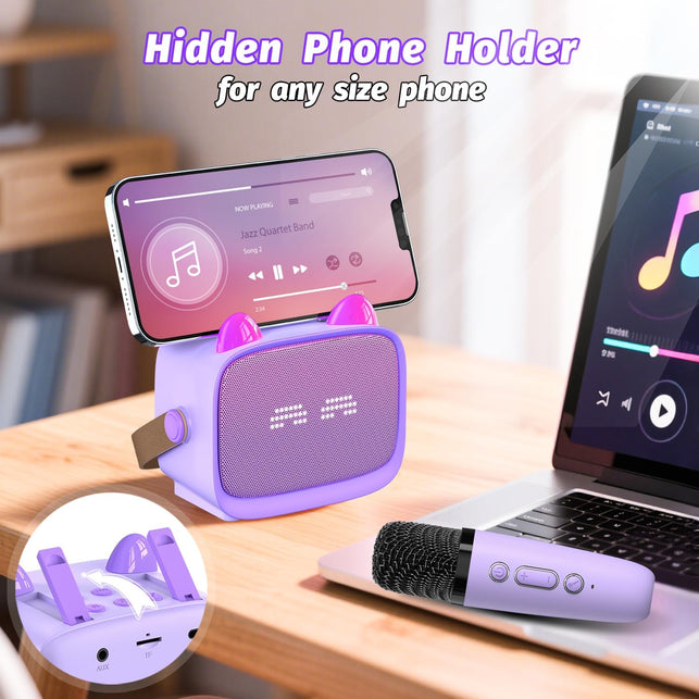 Mini Karaoke Machine Toys Gifts,Kids Portable MP3 Player with 2 Wireless Microphone and Led,Christmas Birthday Gifts for Girls Boys 3 4 5 6 7 8+ Year Old (Purple)