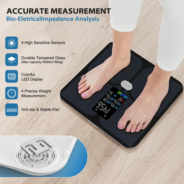 Body Fat Scale, ABLEGRID Digital Smart Bathroom Scale for Body Weight, Large LCD Display Screen, 16 Body Composition Metrics BMI, Water Weigh, Heart Rate, Baby Mode, 400Lb, Rechargeable