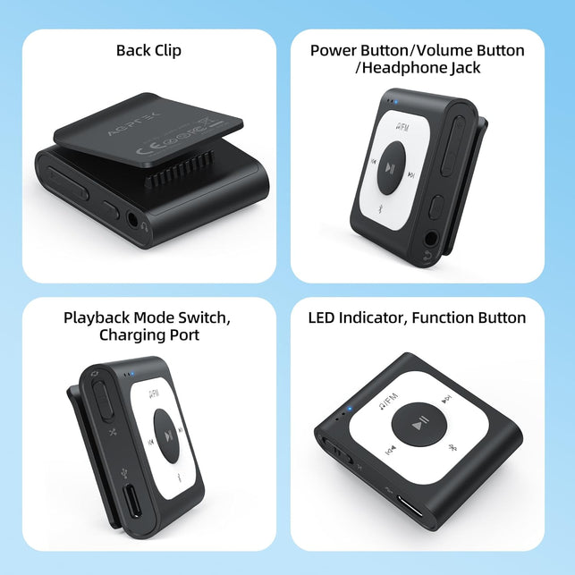 AGPTEK 64GB Clip MP3 Player with Bluetooth, A53PL Portable Music Player with FM Radio, Shuffle, No Phone Needed, for Sports(Black)