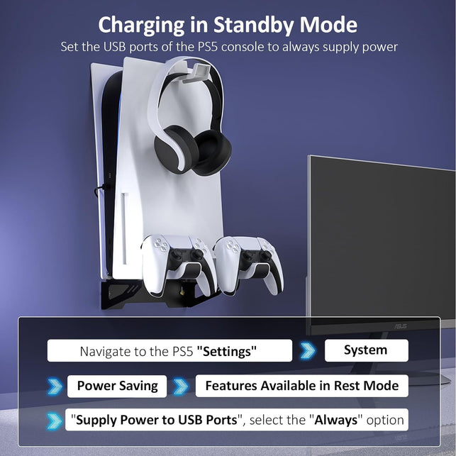 Nexigo PS5 Wall Mount Kit with Charging Station, Dual Controller Chargers, Steel Wall Stand, and Headphone Hanger - Compatible with Playstation 5 (Disc & Digital)