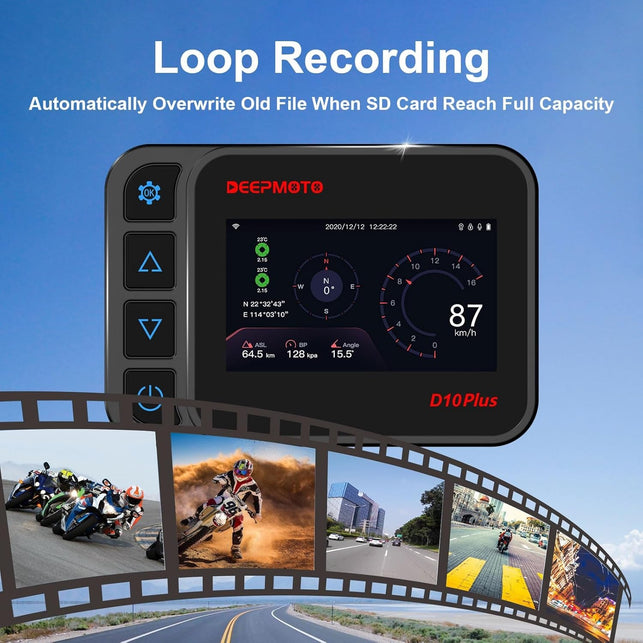 Motorcycle Dash Cam 1080P Dual HD Camera Front and Rear View, IP67 Waterproof 150° Wide Angle, Built-In Wifi, G-Sensor, WDR, Tire Pressure Monitoring, Starvis Night Vision (D10Plus)