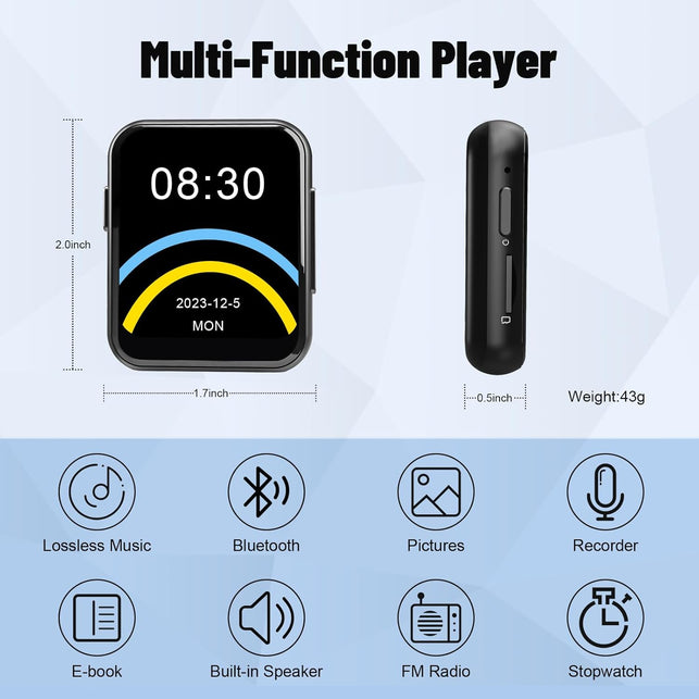 128GB MP3 Player with Bluetooth 5.3, Portable Digital Lossless Music Player with Built-In Speaker, 2.0 in Full Touch Screen, Hifi Sound, FM Radio, Voice Recorder, Earphones Included