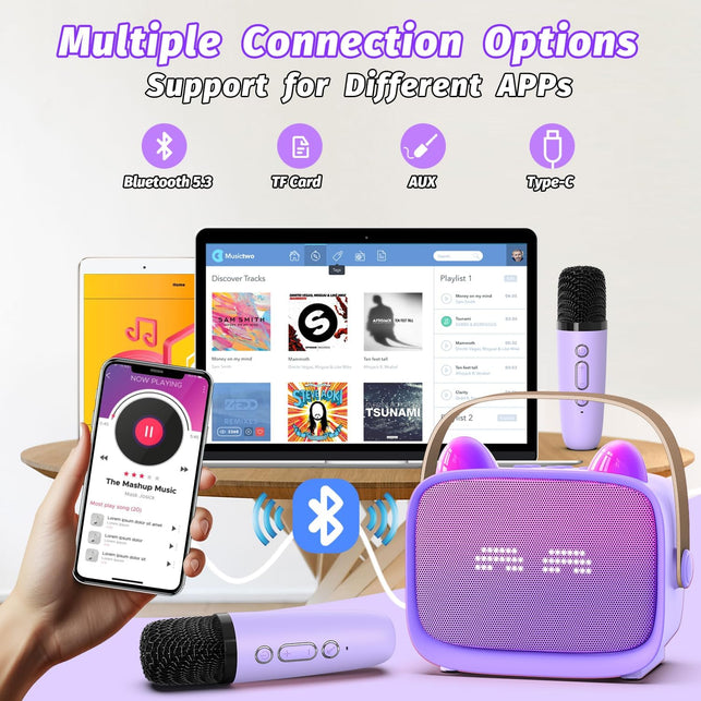 Mini Karaoke Machine Toys Gifts,Kids Portable MP3 Player with 2 Wireless Microphone and Led,Christmas Birthday Gifts for Girls Boys 3 4 5 6 7 8+ Year Old (Purple)
