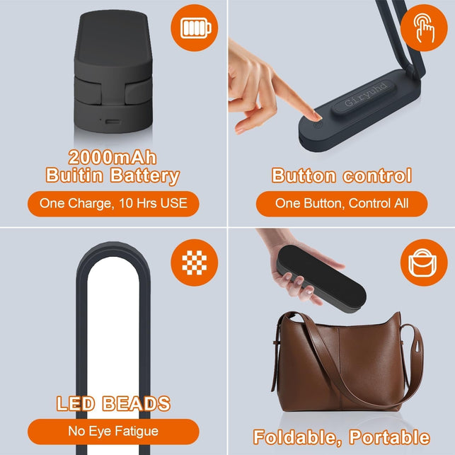 LED Desk Lamp for Office Home & Battery Operated Lamp Rechargeable Lamp Foldable & Portable Light, LED Desk Light Strip, 3 Brightness Dimmable Small Desk Lamp Wireless Reading Lamp (Black)
