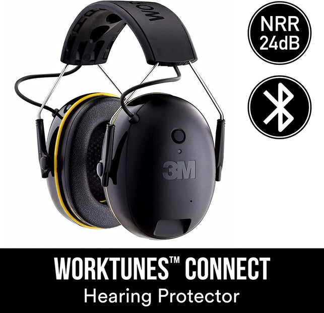3M Worktunes Connect Hearing Protector with Bluetooth Wireless Technology, 24 Db NRR, Hearing Protection Safety Earmuffs,Black