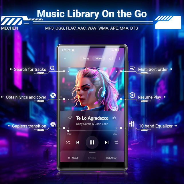 MECHEN 256GB Wifi MP3 Player with Bluetooth, Android 13 and Wi-Fi Streaming, 5" 1080P IPS Display, Preinstalled Audible, Amazon Music, Spotify, Play Store