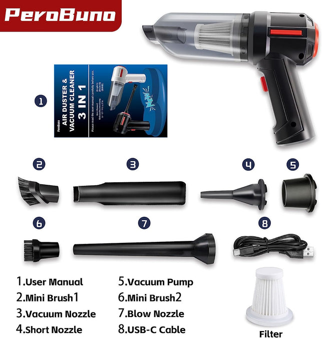Perobuno 3-In-1 Computer Vacuum Cleaner - Air Duster - for Keyboard Cleaning - Cordless Canned Air - Powerful 45000RPM - Energy-Efficient - Compressed Air