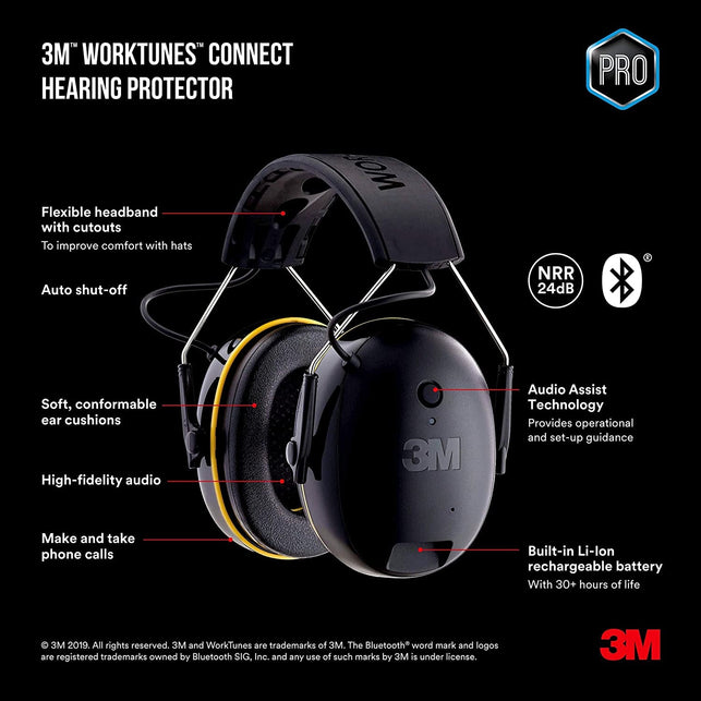 3M Worktunes Connect Hearing Protector with Bluetooth Wireless Technology, 24 Db NRR, Hearing Protection Safety Earmuffs,Black