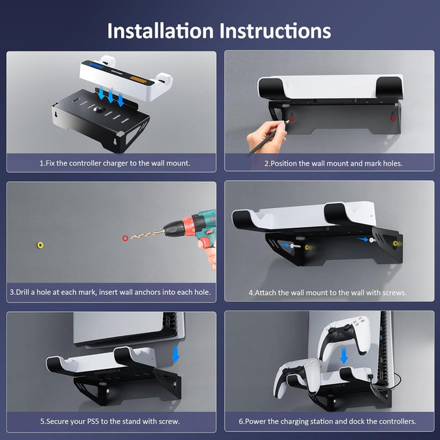 Nexigo PS5 Wall Mount Kit with Charging Station, Dual Controller Chargers, Steel Wall Stand, and Headphone Hanger - Compatible with Playstation 5 (Disc & Digital)
