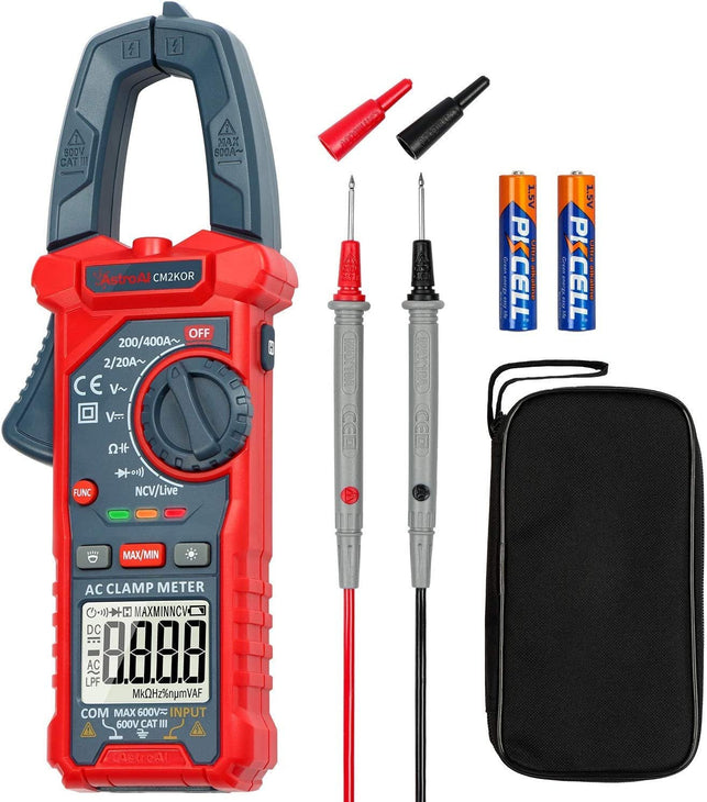 Astroai Digital Clamp Meter Multimeter 2000 Counts Amp Voltage Tester Auto-Ranging with AC/DC Voltage, AC Current, Resistance, Capacitance, Continuity, Live Wire Test, Non-Contact Voltage Detection