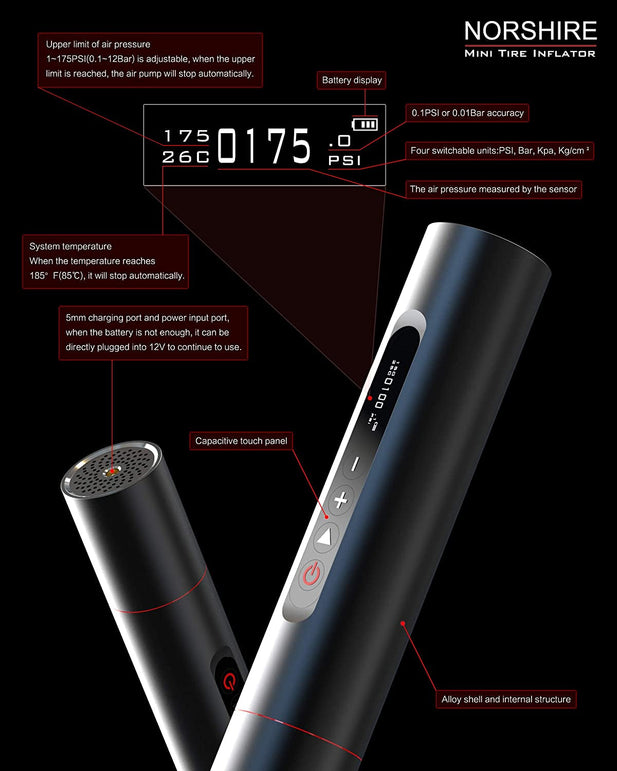 Tire Inflator Portable Air Compressor, Mini Electric Air Pump for Bike, Car, Bicycle, Balloon 3000Mah with 90% Metal and 175PSI OLED Touch Screen, with Rechargeable Li-Ion Battery