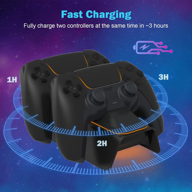 Nexigo Enhanced PS5 Controller Charger with Thumb Grip Kit, Fast Charging AC Adapter, Dualsense Charging Station Dock for Dual Playstation 5 Controllers with LED Indicator, Black