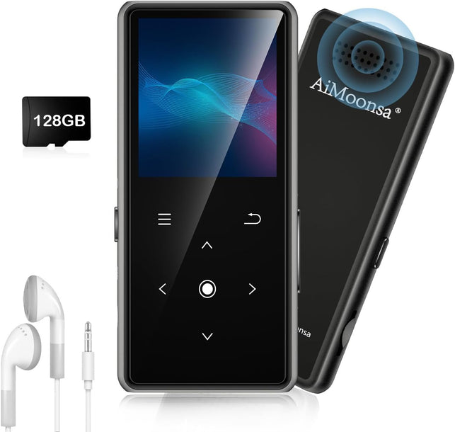 128GB MP3 Player with Bluetooth 5.2, Aimoonsa Music Player with Built-In HD Speaker, FM Radio, Voice Recorder, Hifi Sound, E-Book Function, Earphones Included (Black 128G)