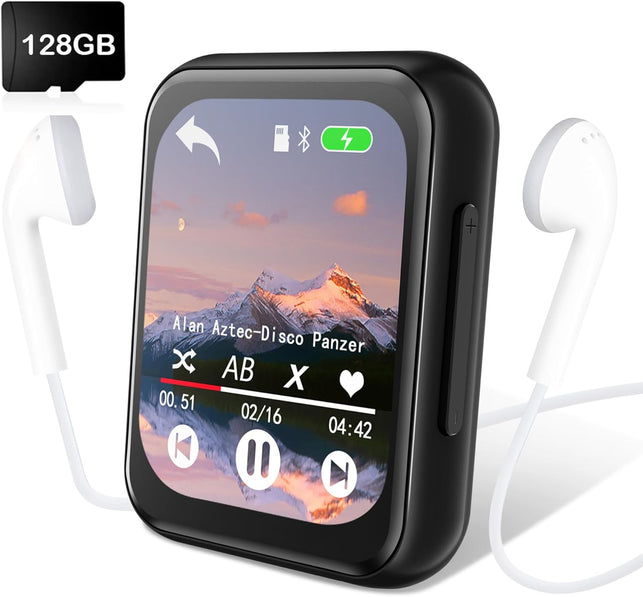 128GB MP3 Player with Bluetooth 5.3, Portable Digital Lossless Music Player with Built-In Speaker, 2.0 in Full Touch Screen, Hifi Sound, FM Radio, Voice Recorder, Earphones Included