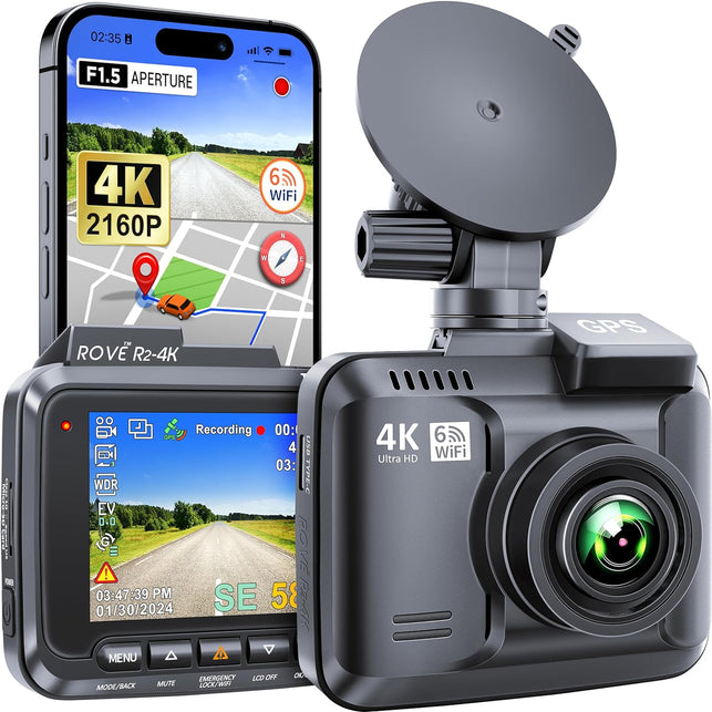 Rove R2-4K Dash Cam Built in Wifi GPS Car Dashboard Camera Recorder with UHD 2160P, 2.4" LCD, 150° Wide Angle, WDR, Night Vision