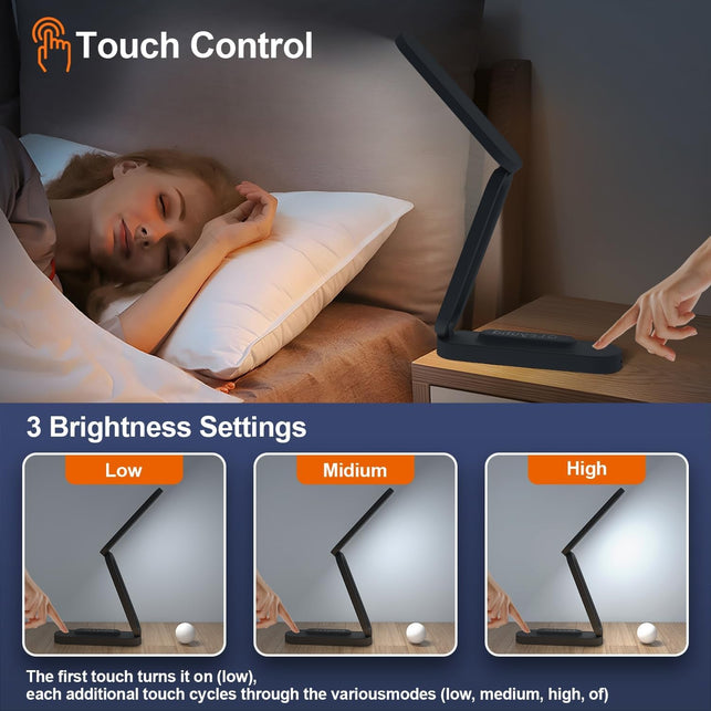 LED Desk Lamp for Office Home & Battery Operated Lamp Rechargeable Lamp Foldable & Portable Light, LED Desk Light Strip, 3 Brightness Dimmable Small Desk Lamp Wireless Reading Lamp (Black)