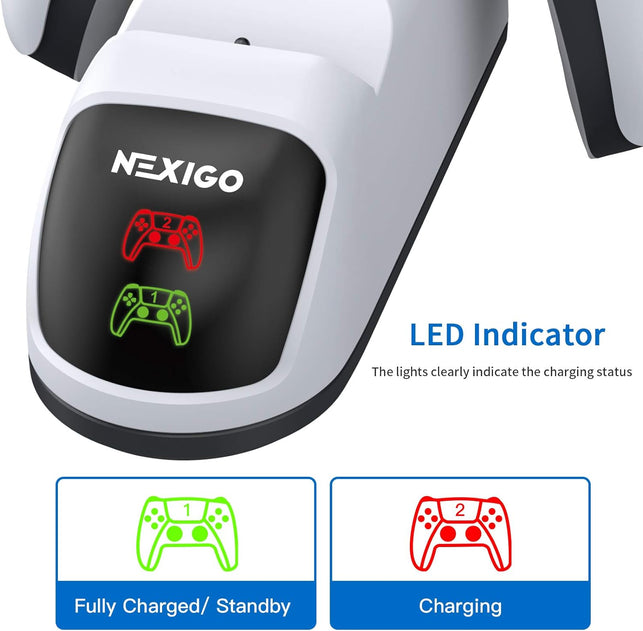 Nexigo Enhanced PS5 Controller Charger, Dual Charing Station with LED Indicator, High Speed, Fast Charging Dock for Playstation 5 Dualsense Controller, White