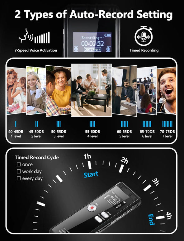 64GB Digital Voice Activated Recorder with Playback - 4552 Hours Audio Recording Device, 3072Kpbs HD Dual MIC Tape Recorder Device for Lecture A-B Repeat, MP3 Player,【64Gb TF Card Included】