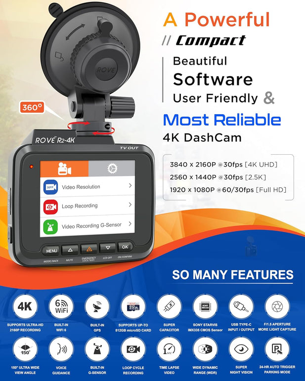 Rove R2-4K Dash Cam Built in Wifi GPS Car Dashboard Camera Recorder with UHD 2160P, 2.4" LCD, 150° Wide Angle, WDR, Night Vision