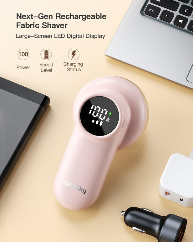 Rechargeable Fabric Shaver, Lint Shaver with Digital Display, Sweater Shaver with 6-Leaf Blades and Safety Lock, 3-Speeds Defuzzer Remove Fuzz, Pills from Clothes, Furniture, Sofa, Pink