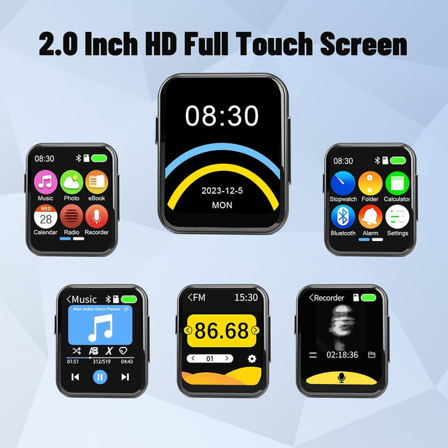 128GB MP3 Player with Bluetooth 5.3, Portable Digital Lossless Music Player with Built-In Speaker, 2.0 in Full Touch Screen, Hifi Sound, FM Radio, Voice Recorder, Earphones Included