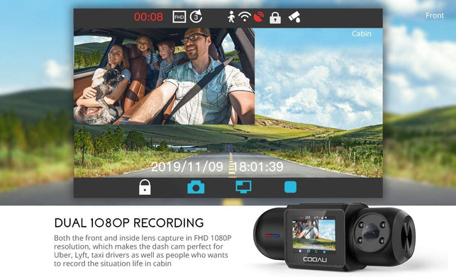 COOAU 1080P FHD Built-In GPS Wi-Fi Dash Cam, Front and inside Car Camera Recorder with Infrared Night Vision, Sony Sensor, Supercapacitor, 4 IR Leds,G-Sensor, Parking Mode, Loop Recording (D30)