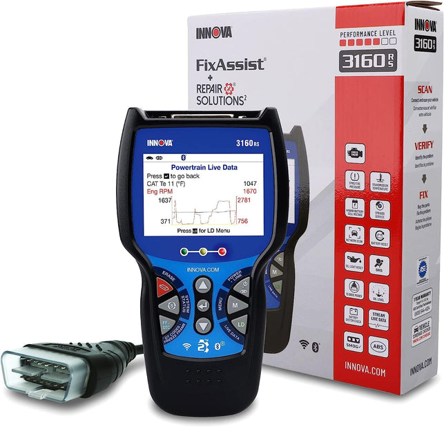 INNOVA 3160RS OBD2 Scanner, ABS Brake Bleeder, ABS SRS Engine Transmission Diagnoses, Airbag Light Reset, Car Battery Tester & Alternator Tester, Battery Reset, Fix & Parts Recommendations