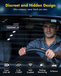 GKU 4K Wifi Dash Cam, Dual Front & Rear 2.5K+1080P, Hidden Car Camera with Night Vision, 64GB Sdcard Included, Loop Recording, G-Sensor, WDR, Parking Monitor, Supports up to 128GB