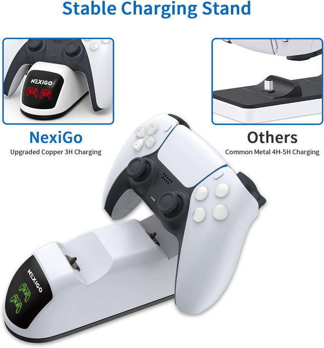 Nexigo Enhanced PS5 Controller Charger, Dual Charing Station with LED Indicator, High Speed, Fast Charging Dock for Playstation 5 Dualsense Controller, White