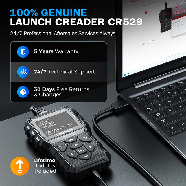 LAUNCH OBD2 Scanner CR529 One-Click I/M, Full OBDII Code Reader, 5 Years Quality Backup, F Ree Lifetime Update Diagnostic Scan Tool, Clear Codes, Check Engine Light for Diyers with Cars after 1996