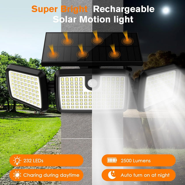 Solar Lights Outdoor, 3 Head Solar Motion Lights Outdoor with 2500LM 232 Leds High Brightness, Built-In Bigger Tempered Glass Solar Panel, Sensitive PIR Motion Inductor(2-Pack)