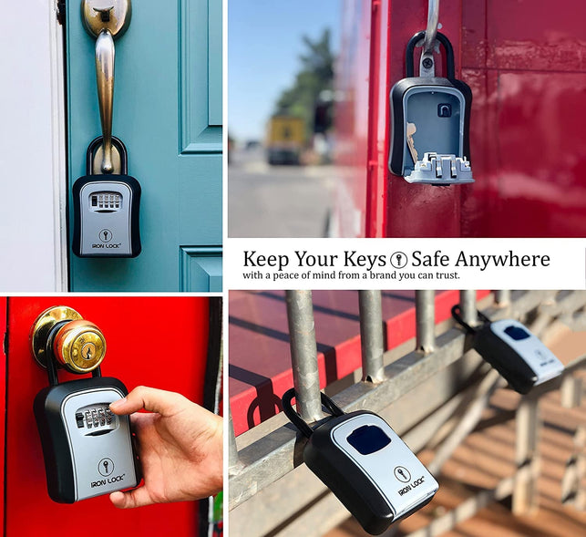 Iron Lock® - Key Lock Box Portable and Wall Mounted with Removable Shackle Indoor Outdoor Waterproof 4 Digit Combination with Resettable Code with a B Switch Key Lockbox for outside Hold 5 Spare Keys